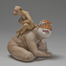 Esther Shimazu, Monkey on the back of tiger, 6" x 8.5" x 5" - 2011